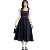 Hepburn Style Colliding Button-Fight Collar Bubble Sleeve Dress Women Summer Waist Light Luxury High Umbrella Skirt Dress