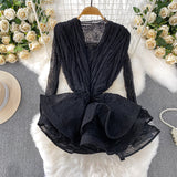 Vintage Style Niche Sexy Lace Long-Sleeved Dress Women Summer Waists Thin Ponhosle Side Short Skirt