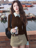 Vintage Lattice Splicing Fake Two-Piece Bottomed Shirt Women In The Spring And Autumn Wearing A Design Polo Collar Top