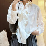 Wooden Ear Splicing Solid Color Loose Shirt Women 2025 Autumn Dress New French Collar White Shirt Top