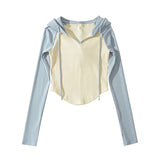 Pure Hot Babes Bumped Into The Shoulder Sleeve Rope Hooded Long Sleeves Straight T-Shirt Under The Curved T-Shirt