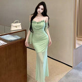 Sexy Bare-Backed Fairy Net Yarn Spliced Flower Sling Dress Woman Summer Small Suplet Fishtail Dress