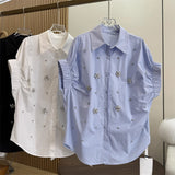Design Sense Heavy Industry Nail Embroidery Shirt Loose Thin Age Shirt Women Short Sleeves