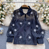 High-End Oceanic Heavy Industry Nail Pearl Sclins Stereo-Flower Shirt Women 2025 Spring Dress New Perspective Netɴ French Top