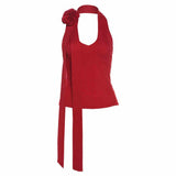 Fashion Magenta Red Sexy Hottie Hanging Neck Sleeveless Vest Women Autumn And Winter New Repair In A Niche Top
