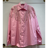 European Goods Heavy Industry Buckle Embroidery Single Buckle Collar Loose Long Shirt Women Big Brand Design Sense Thin