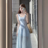 French Blue Gentle Style Square Tie Dress Women 2025 Summer Vacation Style Mesh Long Skirt