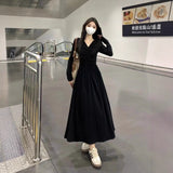 2025 New V-Neck Long-Sleeved Dress Women's Autumn Dress French Fold Design Feeling Waist Display Skin Bottom Skirt