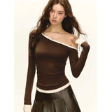 Spice Girls Sexy Out-To-Shoulder Solid Color Splicing Long-Sleeved T-Shirt Girl Spring New Slimy Korean Version Of Fashion Top Tide