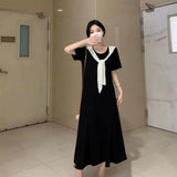 Lace Stitching Black And White Crash Fake Cape Navy Dress Women's Summer French College Style Loose A-Word Dress