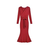 Sexy Babes Style Temperament V Collared Long-Sleeved Dress Women's New Winter Slimming And Hips Long Skirt