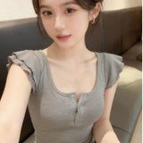 U-Neck Double-Layered Small Flying Sleeve Lotus Leaf Side Short-Sleeved T-Shirt Slimming Sweet Pure Desire Female Top