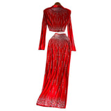 Ins Light Luxury Heavy Industry Diamond Nail Beads Half-High Collar Short Top + High Waist Thin Bag Hip Skirt Set