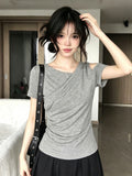 Korean Pure Want To Set Up Irregular Slanted Shoulder Clothes Short Sleeve Gray Repair Waist And Shoulder Design Touching Cotton Short Sleeve