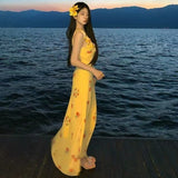 Holiday-Style Print Hanging With Lining V-Neck Dress Women's Summer High-End Feeling Ribbon Niche A-Shaped Dress