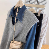 KANING Gray V-Neck Knitted Vest Women 2026 Autumn New Vest Folded With Horse Clip Loose Outer Wear
