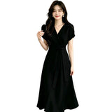 Korean Chic Summer Temperament Elegant Cross V Tie Tie Brings Waist Skinny Bubble Sleeve Medium Long Dress Woman