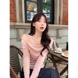 Pure Wind Red Fake Two-Piece Open Shoulder Splicing Long-Sleeved Knitted Shirt Women Autumn Wood Ear Design Feel Bottom Top
