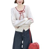 KANING Korean Sweet Bond Knitted Cardigan 2026 Autumn New Design Bow Short Sweater