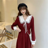 New Christmas And Autumn Winter French Dresses Women's Red Waist Temperament Long-Sleeved Hepburn-Style Dress