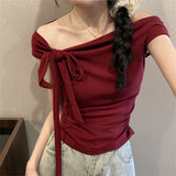 Hottie Style Strapped Slanted Shoulder Short-Sleeved T-Shirt 2026 Summer New Slimmed Temperament Short Niche Blouse Woman