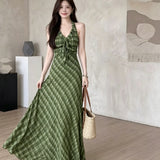 Fresh Green Lattice Out-Shoulder Hanging Neck Dress Female Xia Sen Style Temperament High Tice With A-Word Dress