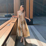 Sanya Tourism Seaside Vacation New Chinese Style Super Good-Looking Temperament To Close The Waist And Shoulder Hanging Neck Dress