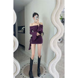 Sexy Hottie Purple Shoulder Dress Women Autumn Winter Design Tight Body Thin Ass Short Skirt