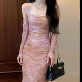 Spring And Summer Tie Dyed Folded Sling Dress Embody H-Shaped Dress + Long-Sleeved Sunshade Woman Two-Piece