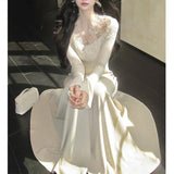 [Snow] Gentle Atmosphere Feel Lace V-Neck Knitted Dress Women Autumn Waist Thin A Long Dress
