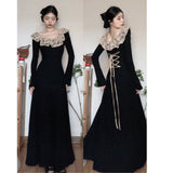 Autumn And Winter Black Lace Stitching Cross-Tie With Long-Sleeved Dress High Sense Hepburn Style Temperament A-Character Dress Woman