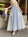 Korean Sweet Lace Spliced Red Lattice Half-Body Skirt Spring And Summer New College Style A Long Skirt