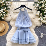 Pure Desire To Hang Neck Nail Beads Hanging Dress Goddess Fan Temperament Waist Lotus Leaf Side Chiffid Skirt Fairy Style Holiday Dress