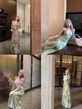 Vintage Cold Light Green Pure Desire Hanging Dress Summer New Printed Dress Temperament Green Niche Thin