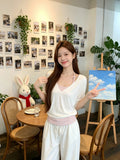 Sweet White V-Neck Short-Sleeved T-Shirt Women's Summer Pink Striped Sling Back