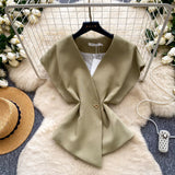 Korean Version Of The Commuter Style V Collar Short Sleeve Loose Shirt Women's Summer Design Sense Of Irregular Cardigan Temperament Tops Niche