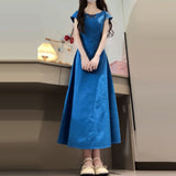 French Retro Blue Hollow Sleeveless Dress Simple Generous High-End Feel Waist-High Temperament Dress Summer New