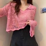 Kaning Hollow Design Hooded Long-Sleeved Knitted Shirt 2026 Autumn And Summer New Horn Sleeve Hottie Top Girl