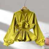 Long-Sleeved Shirt Female Design Sense Of A Small Three-Dimensional Pressure Folding Lotus Leaves Side Lean Temperament Spring Dress Top Woman