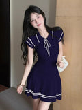 Korean Academy Style Short-Sleeved Knitted Polo Dress Girl Summer Repair Bow Bow Waist A Short Skirt