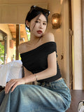 Ins Side-To-Shoulder Sexy Hot Girl Pure Desire To Collar Short-Sleeved T-Shirt Girl Summer Slimming Bottom Top Girl