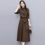 Temperament Elegant Style Long Sleeves Cross-Tie Bow Bow High-Neck Dress Women's Spring And Autumn New A-Word Long Skirt