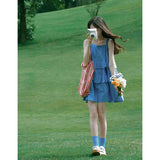Chicly Beautiful Korean Gentle Wind Blue Belly-Shaking Age-Down Sling Dress Women's Milk Wearing Summer Skirt