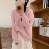 KANING Candy Color Gentle Round Collar Collar Sweater 2026 Autumn And Winter New Korean Soft-Creative Loose Knitted Shirt