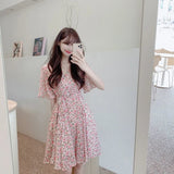 French Temperament Sweet Wind And Broken Flowers V-Neck Dress Women's New Summer Design Sense Slimming A-Word Skirt Tide