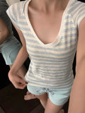 Pure Sweet Hottie Stripe V-Neck Short-Sleeved T-Shirt Girl Summer New Retro Style Slimming Waist Top