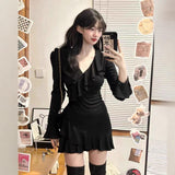Pure-Want-Style Sexy V-Necked Long-Sleeved Dress Women's Autumn 2025 New Thin Lotus Side Black Ass Skirt