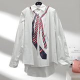 Design-Sensitive Niche Tie-Print Striped Shirt Women's New Languid Windy Loose Shirt Tide In Autumn 2025