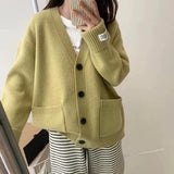 KANING Roll-Fleet Sticker V-Neck Button Knitted Cardigan 2026 Autumn New Korean Lazy Loose Sweater