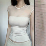 Vintage Mesh Splicing Round-Neck Short-Sleeved T-Shirt Girl Summer New Hot Girl Style Slimming Top